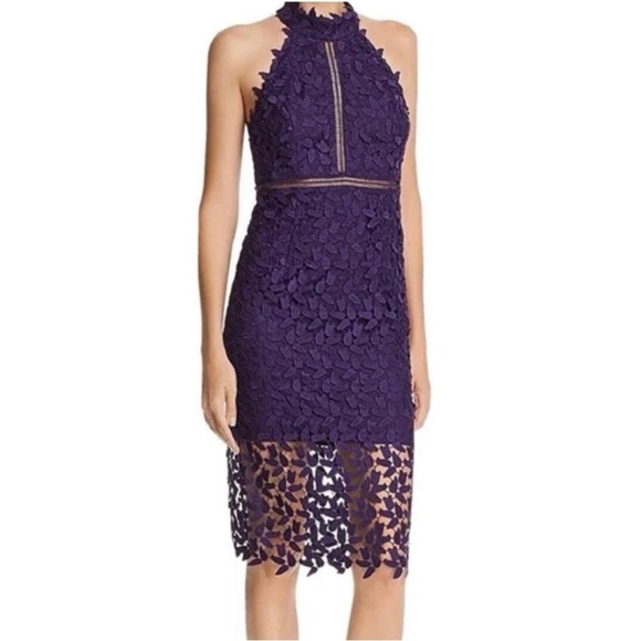 Revolve Bardot XS Gemma Purple Halter Neck Lace Cocktail Event Midi Sheath Dress - Picture 1 of 10